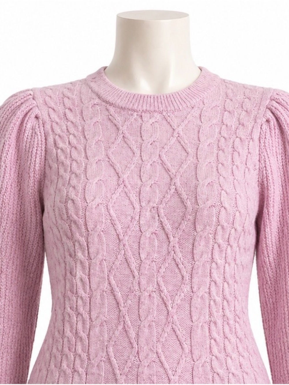 Crown & Ivy Pink Cable Knit Sweater Women’s Large Puff Sleeve Crewneck - Picture 5 of 10